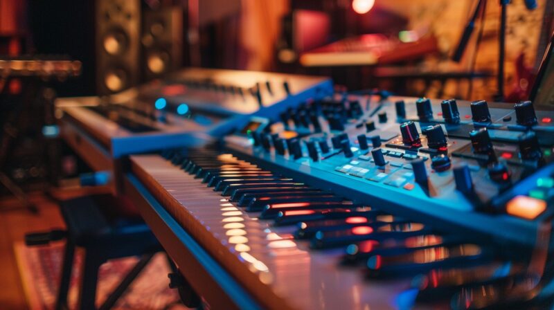 Music Production clavier in a music studio room with boofers and other studio equipment